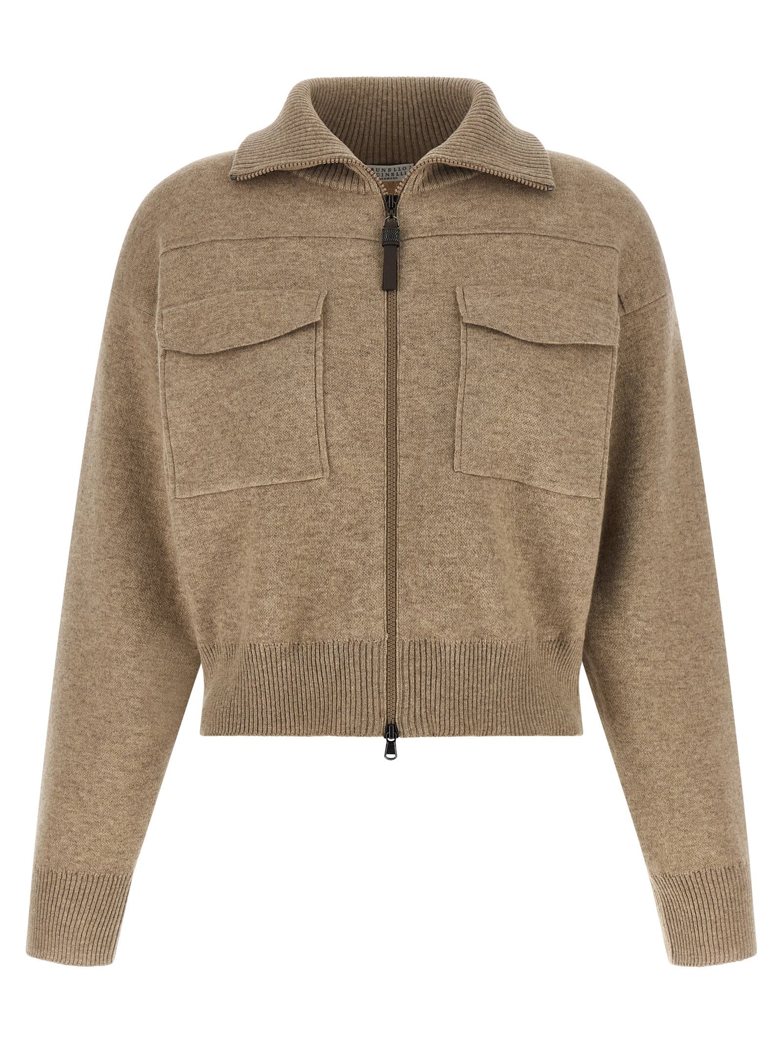 Shiny Zipper Pull Wool Cardigan