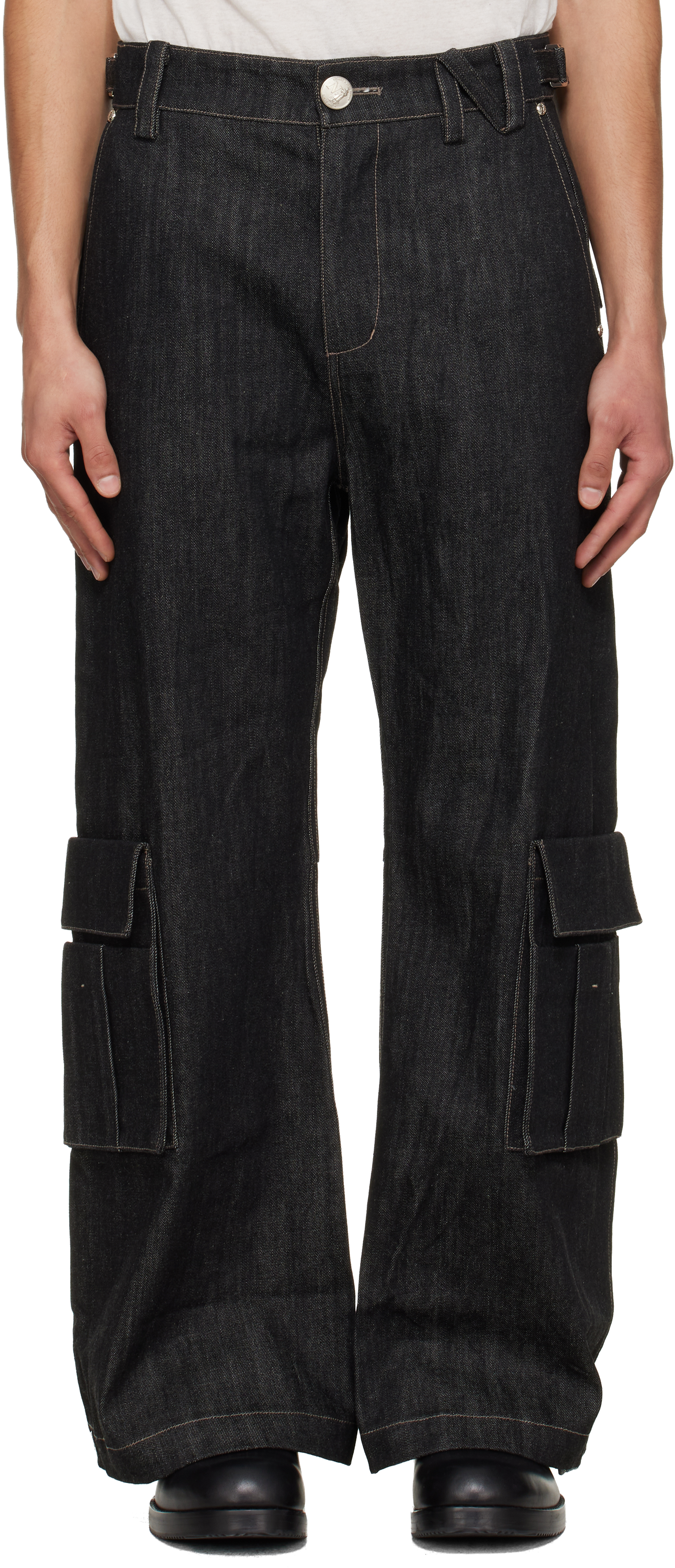 Black Whale Fin Snap-On Denim Cargo Pants