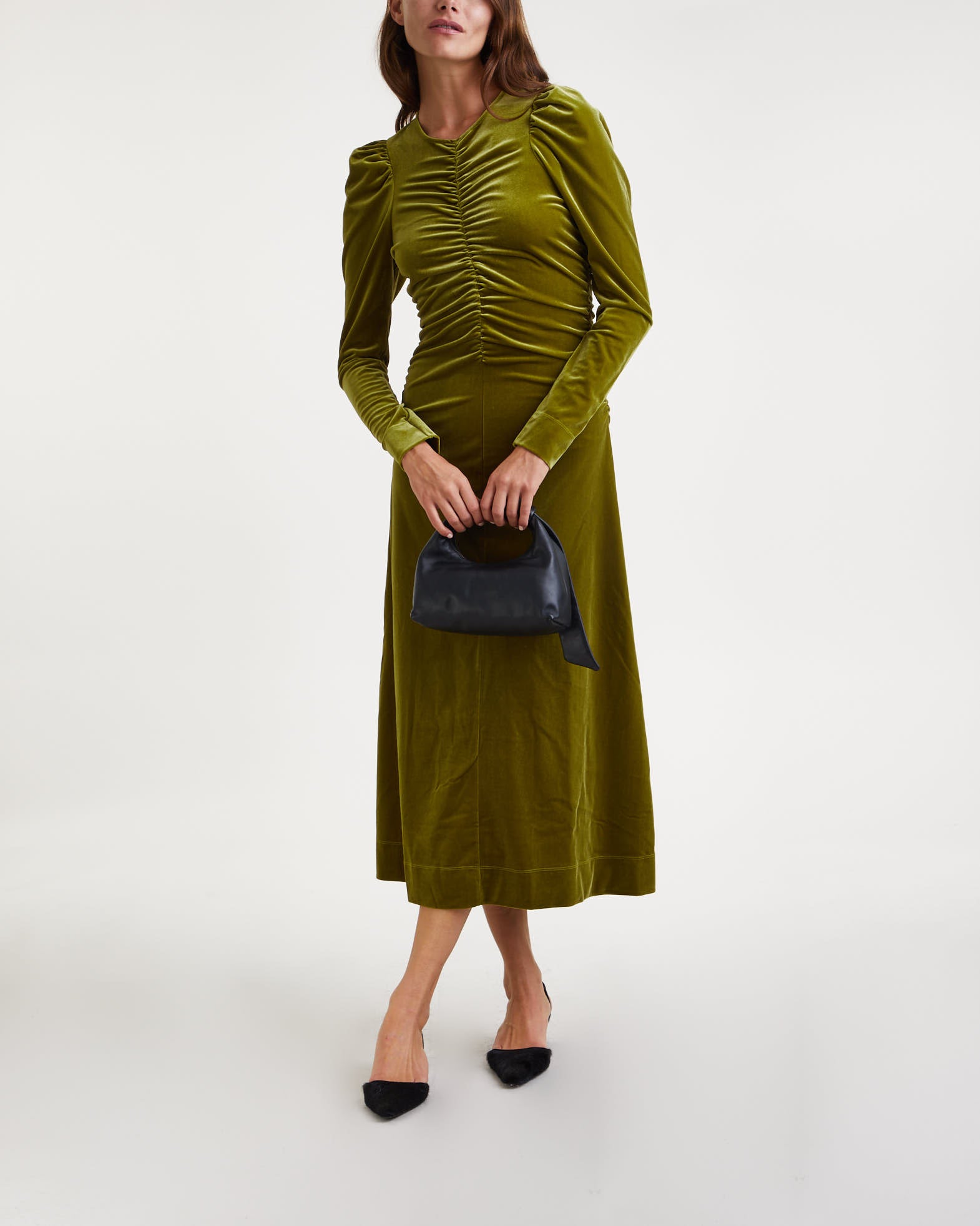 Ganni Dress Velvet Jersey Gathered Green