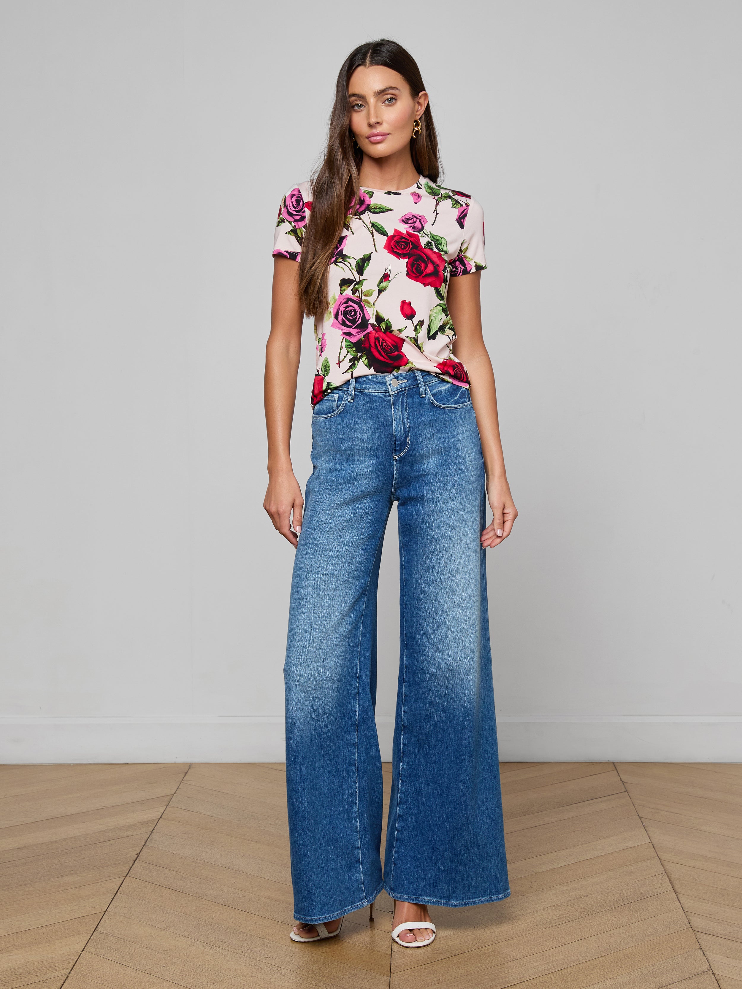 Ressi Fitted T-Shirt In Pink Multi Romantic Rose
