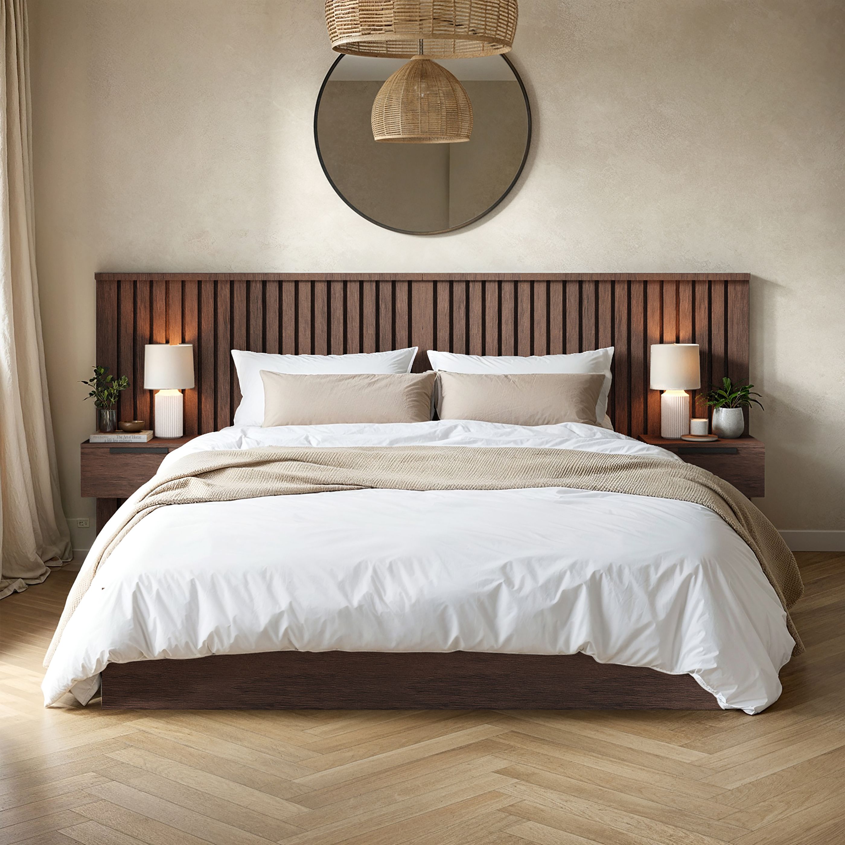 Solace+Co Unisex Taylor Hotel Ottoman Bed w/ Side Tables Walnut in Brown | : King