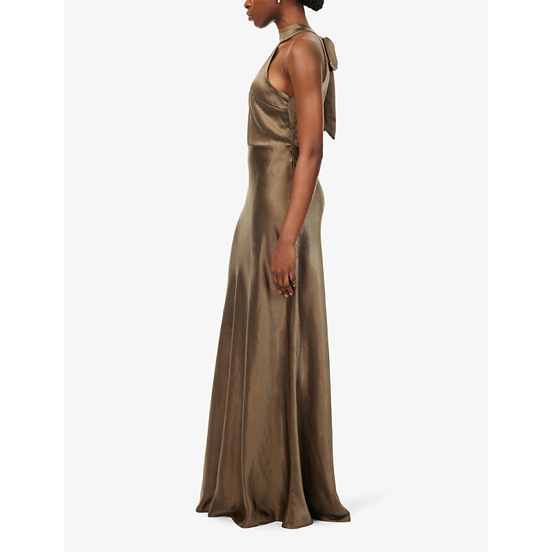 Womens Dark Olive Halterneck Slim-fit Satin Maxi Dress