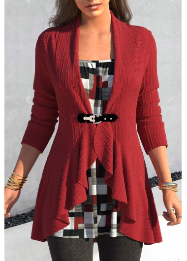 Modlily Wine Red Fake 2in1 Geometric Print T Shirt