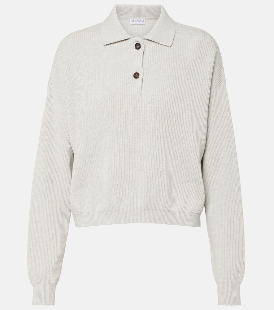 Ribbed-knit cotton polo sweater