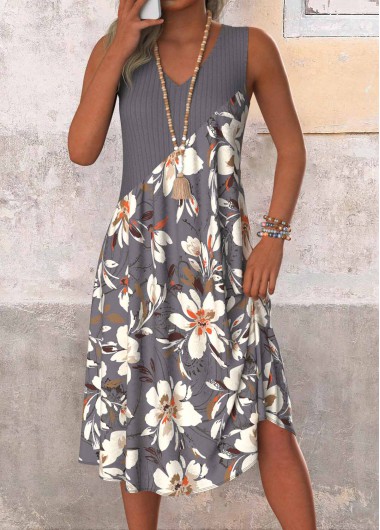 Modlily Dark Grey Patchwork Floral Print A Line Sleeveless Dre