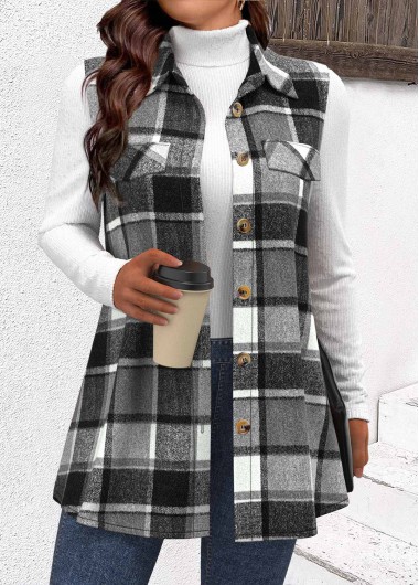 Modlily Dark Camel Patchwork Plaid Sleeveless Shirt Collar Waistcoat