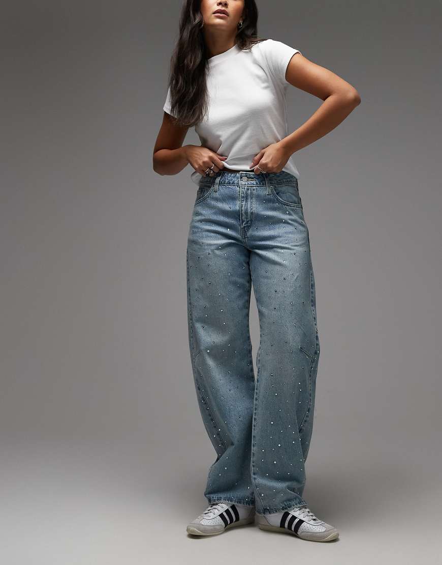 Baggy dad barrel embellished jeans in mid blue