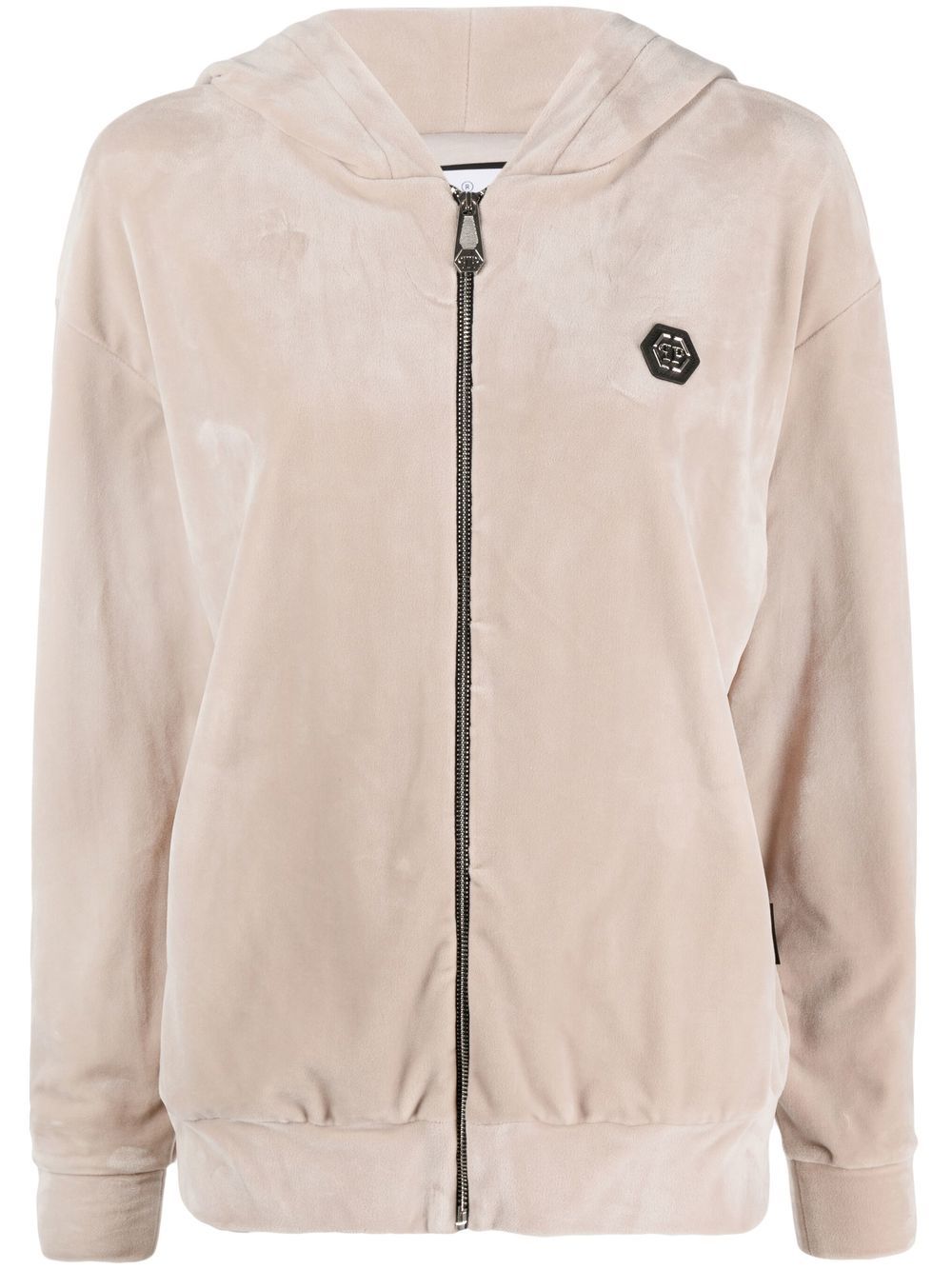 Skull-appliqué zip-up hoodie - Neutrals