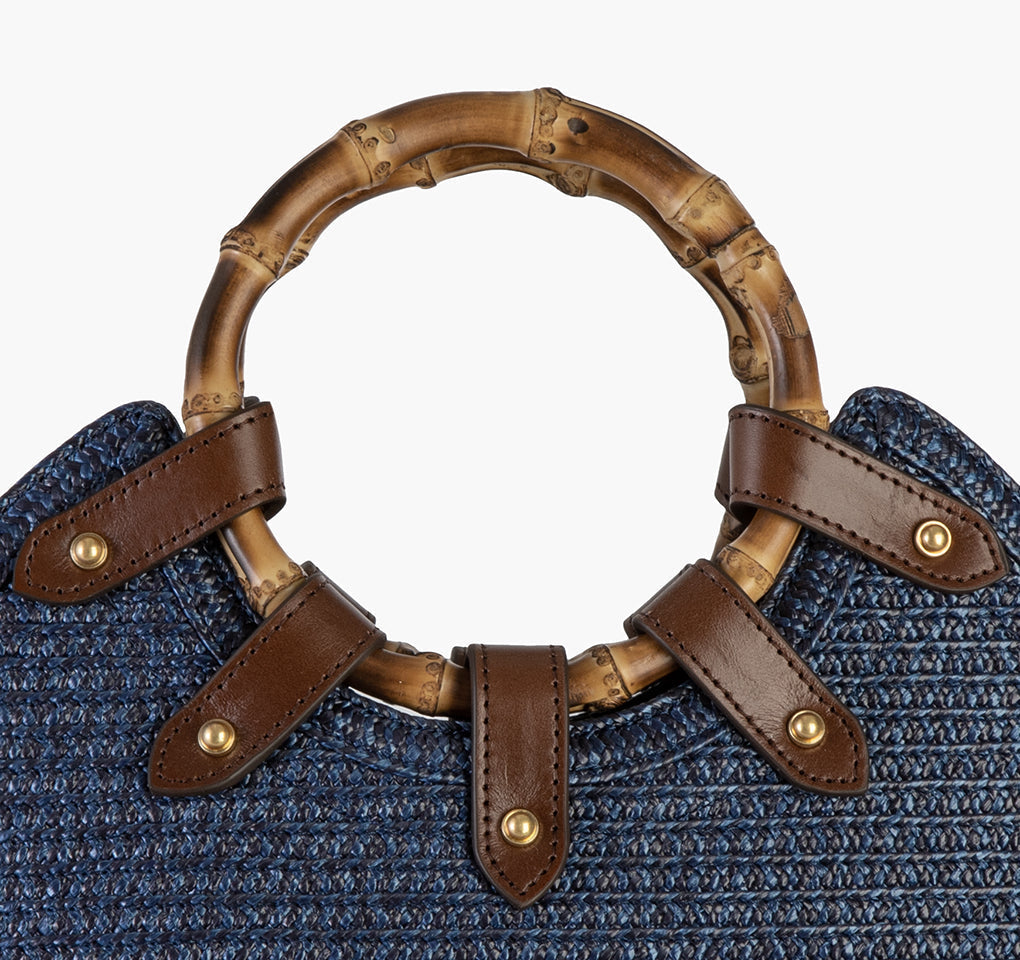 Squishee Straw Bag with Leather Trim and Bamboo Handles for Women