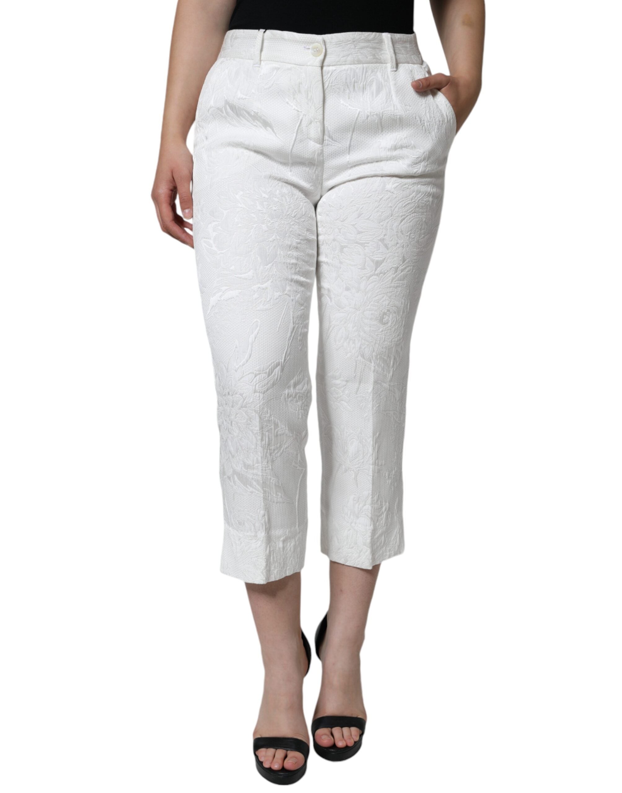 Floral Brocade Cotton Trousers — White
