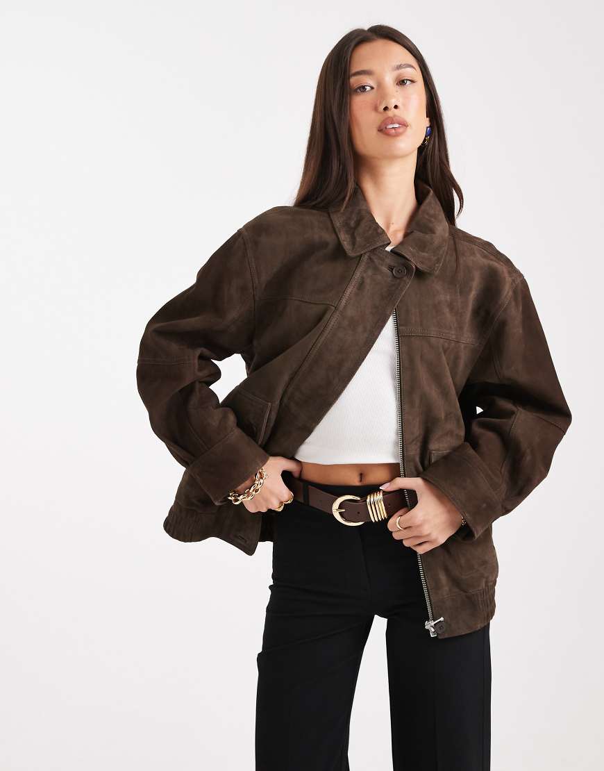 Real suede oversized bomber jacket in dark mocha-Brown
