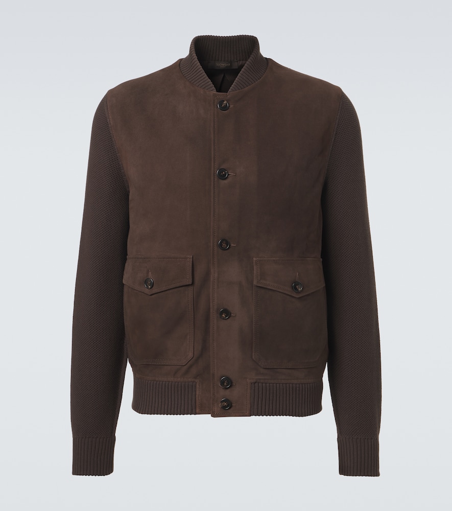 Cotton-trimmed suede bomber jacket