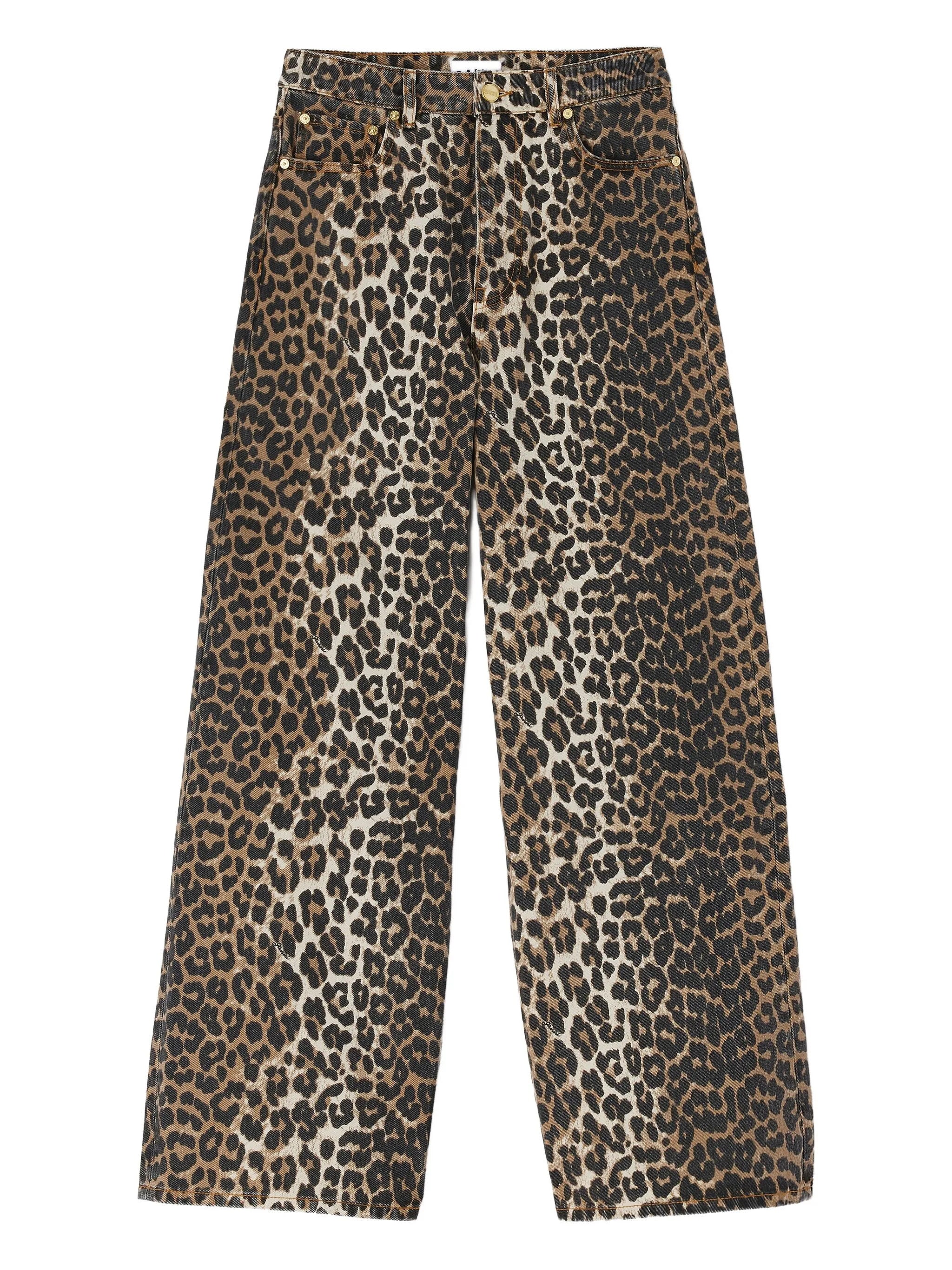High-Waist Leopard Print Jeans with Straight Wide Legs (Size 27)