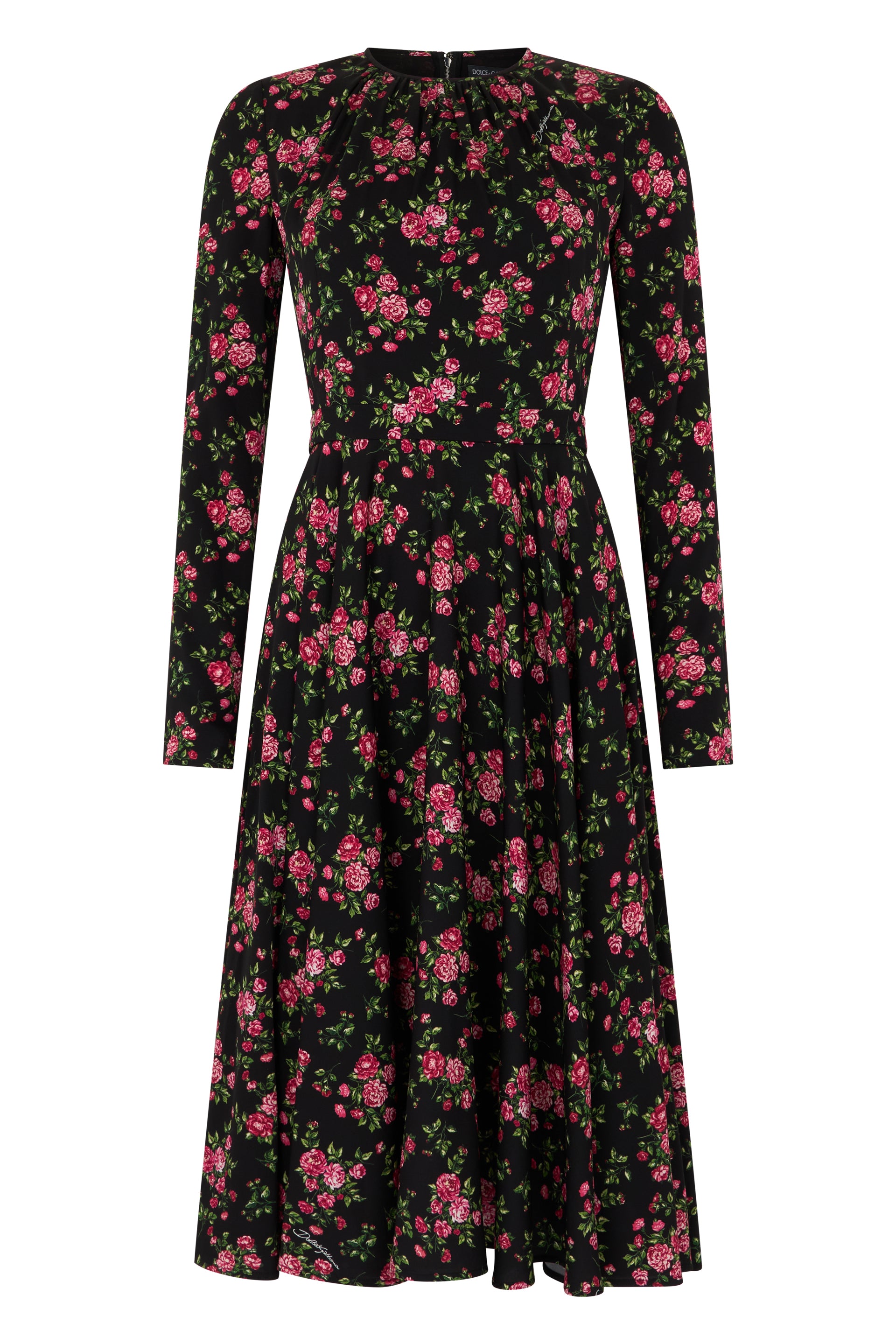 -Inspired Silk Floral Long-Sleeve Dress, Calf Length