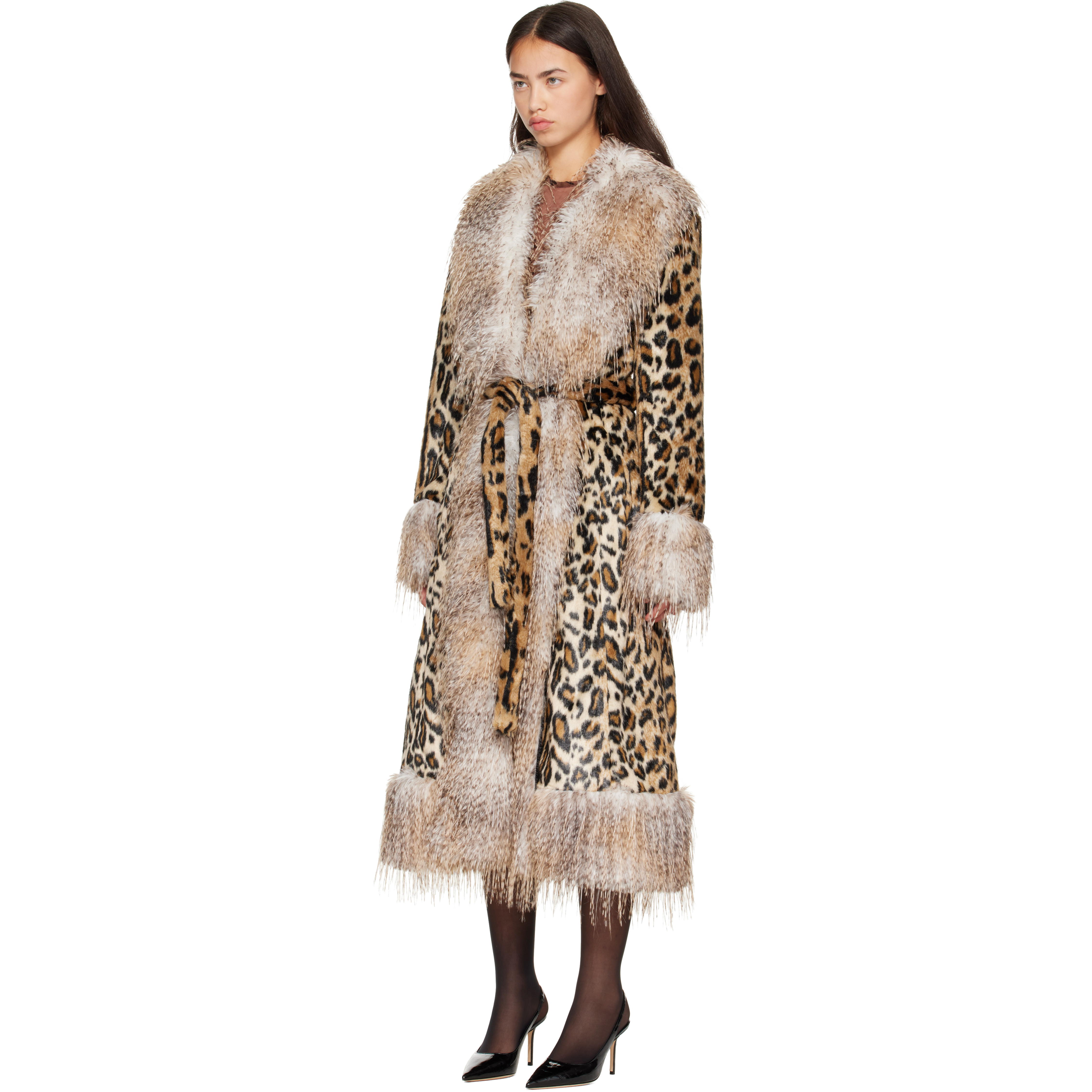 Beige & Brown Belted Faux-Fur Coat