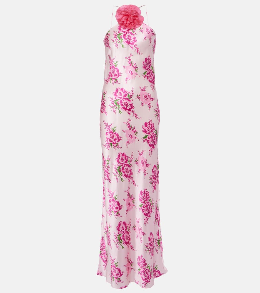 Floral-appliqué silk maxi dress