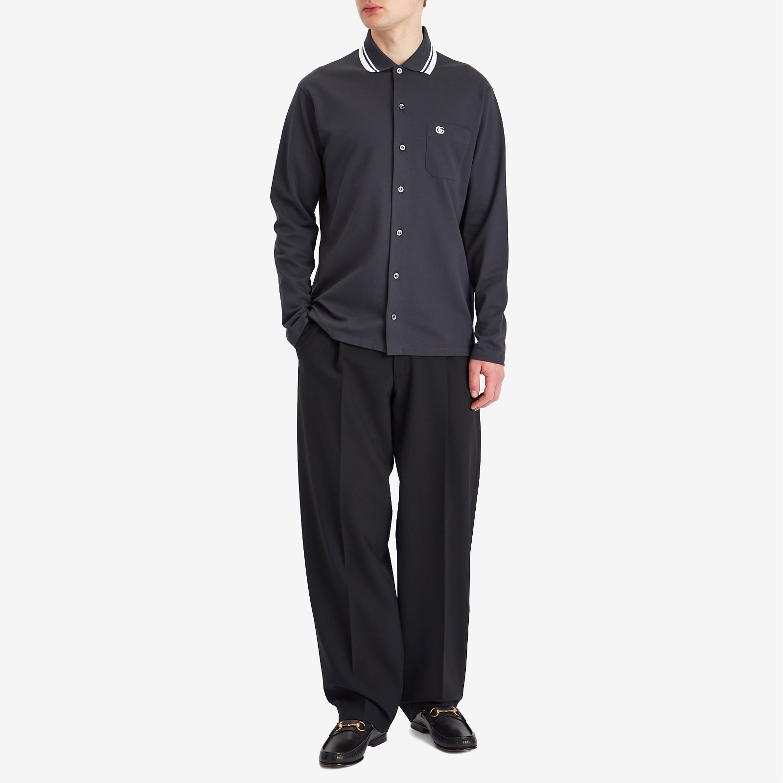 Men's Stretch Cotton Long Sleeve Polo Shirt in Dark Grey