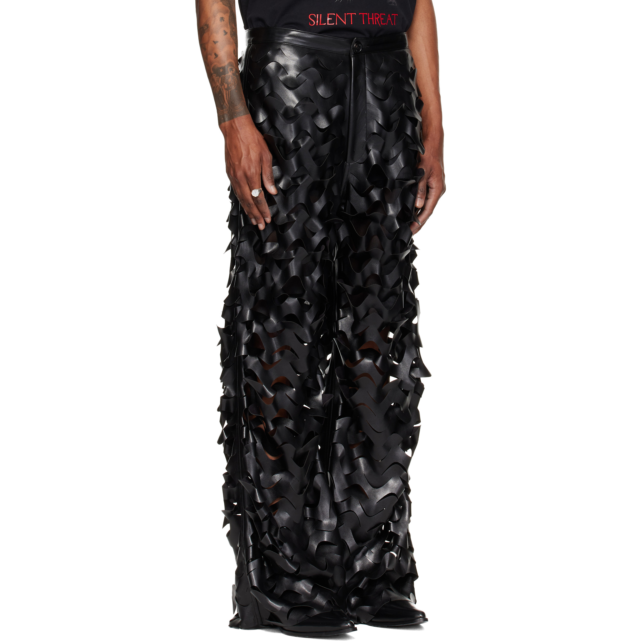 Black Laser Cut Faux-Leather Trousers