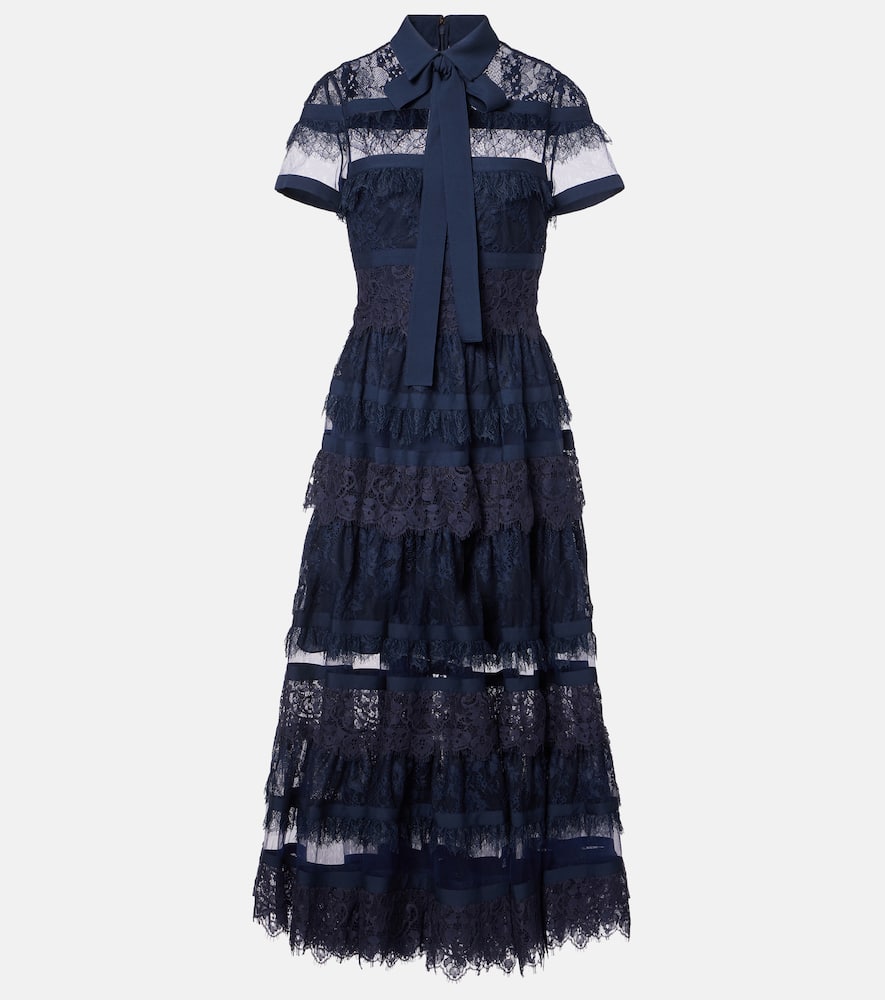 Tie-neck lace midi dress