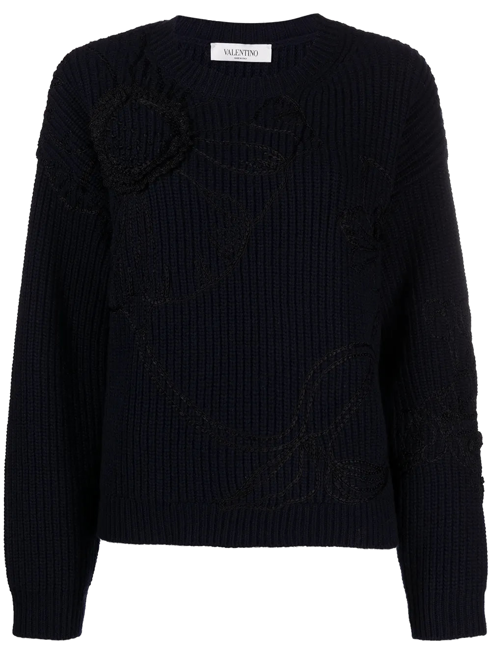 Floral-Embroidered Cashmere-Wool Sweater — Navy