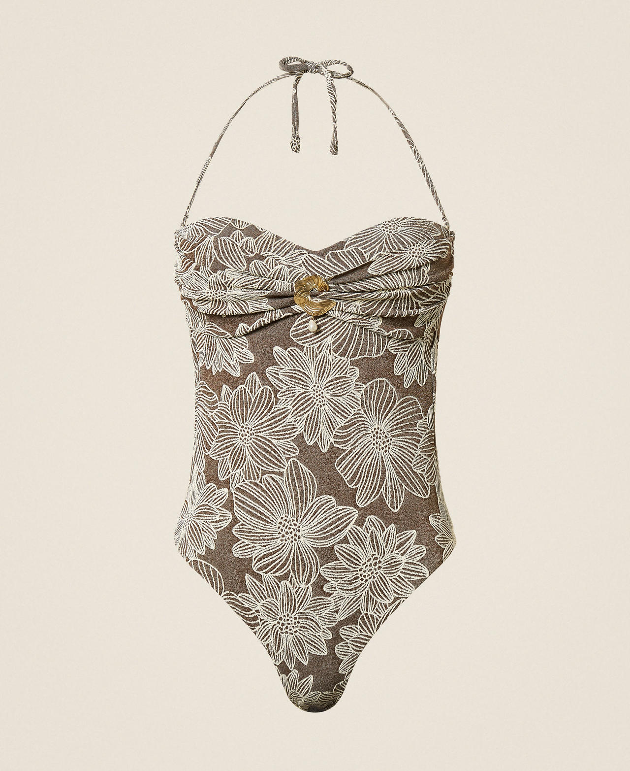 Jacquard one-piece swimsuit with pearl, Coffee Chocolate/Off White Jacquard, Floral