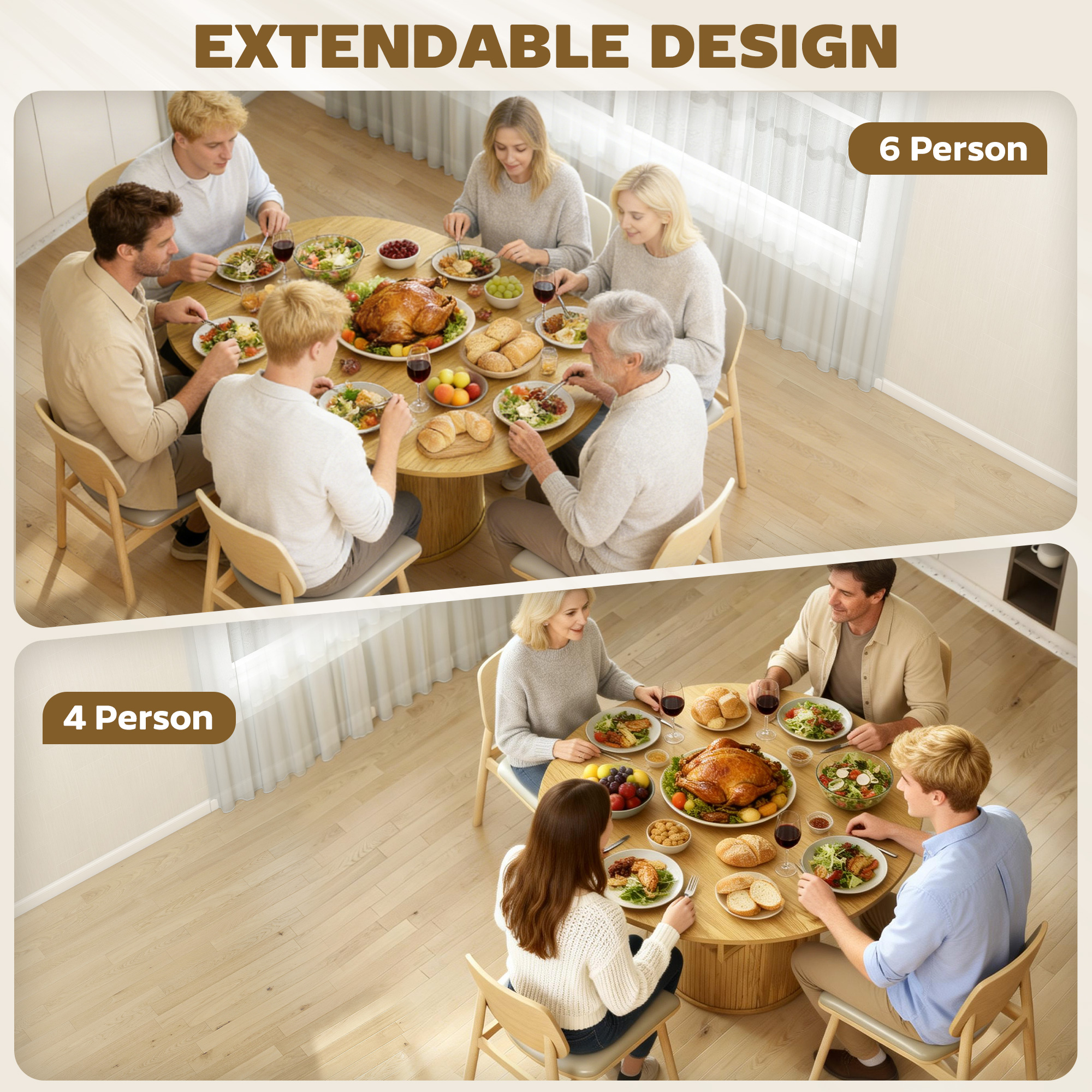 HOMCOM Extendable Dining Table for 6, 60" Farmhouse Kitchen Table with 2-Tier Storage Shelf and Fluted Sliding Doors, Natura