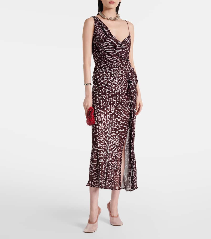 Printed draped one-shoulder midi dress