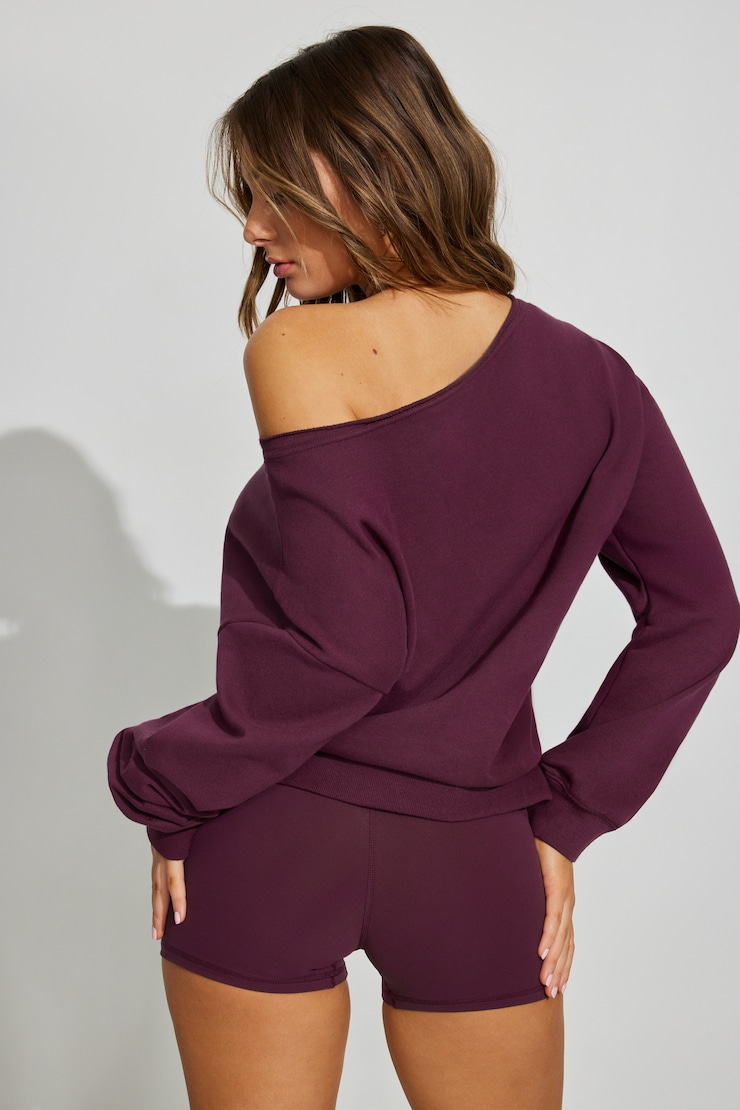 SoftTerry™ Off Shoulder Sweatshirt - Burgundy - Women Clothing