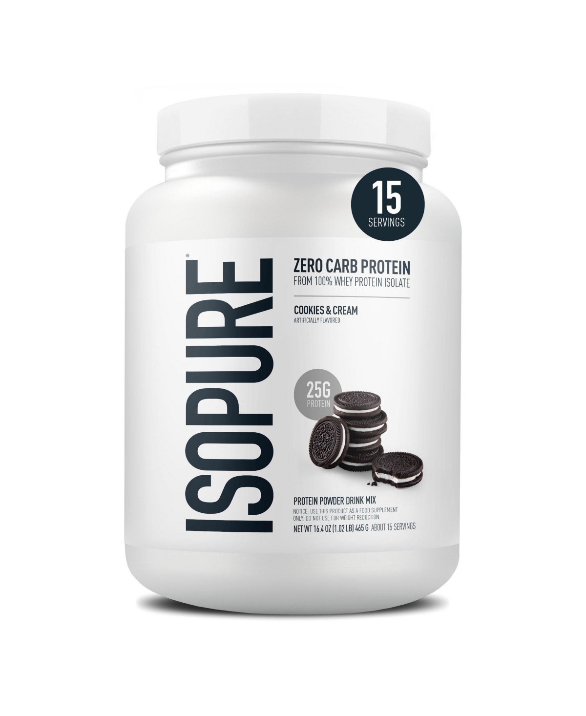 Zero Carb 100% Pure Whey Isolate Protein Powder, Cookies & Cream, 25g Protein, 15 Servings Tub - White