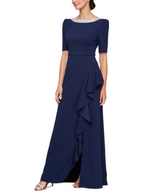 Womens Embellished Neck Ruffle Gown