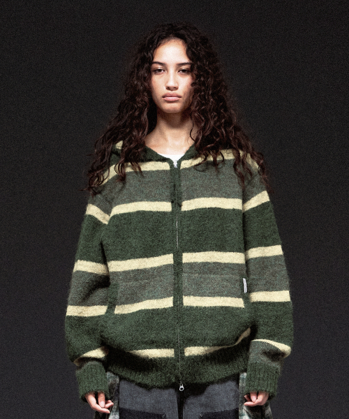 STRIPE KNIT HOODIE ZIP-UP KHAKI