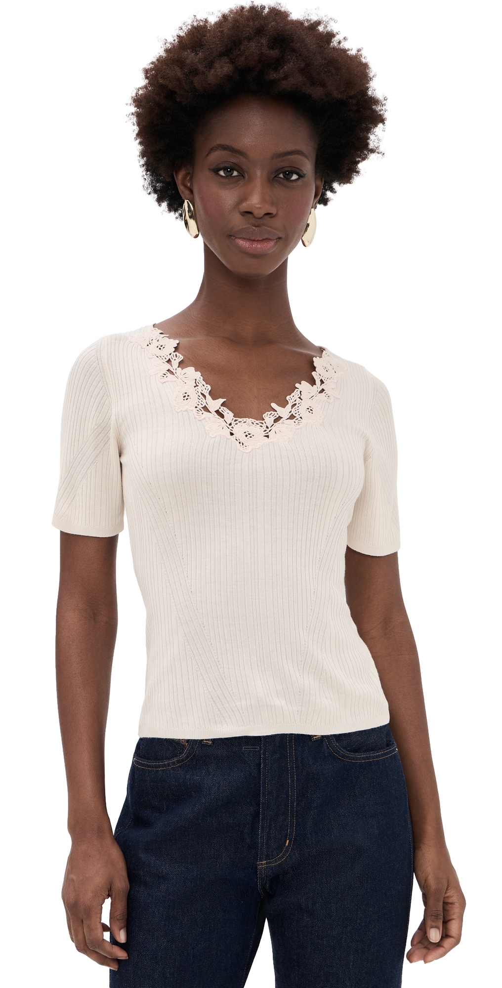 Celeste Short Sleeve Knit Top with Lace Pearled Ivory
