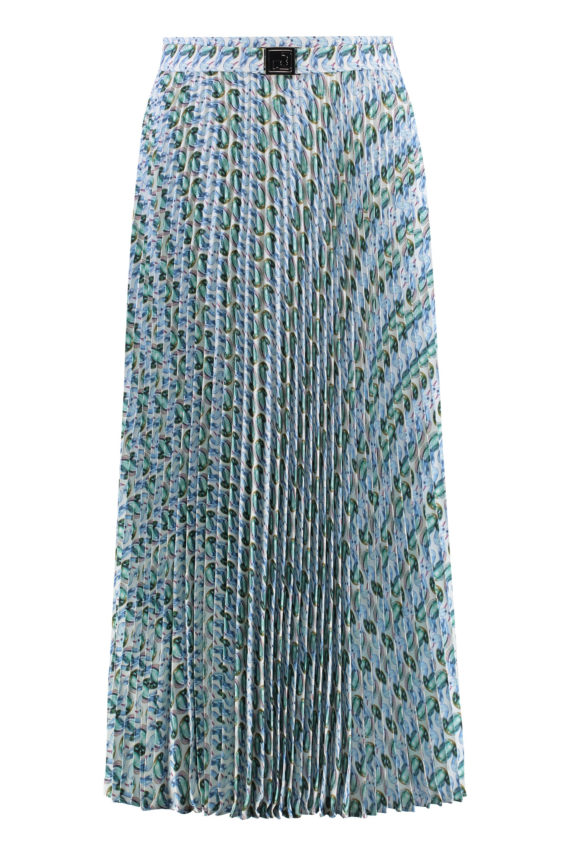 Pleated Printed Polyester Skirt — Blue