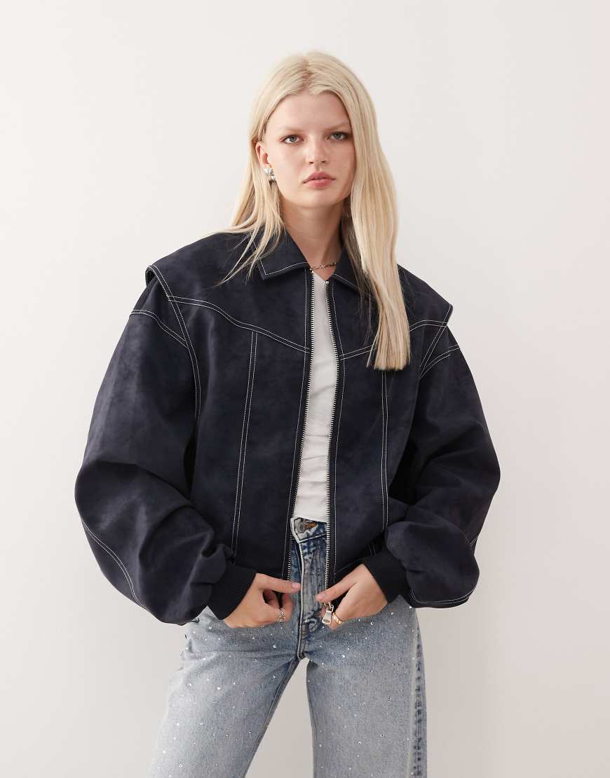 Vista leather look contrast stitch bomber jacket in navy