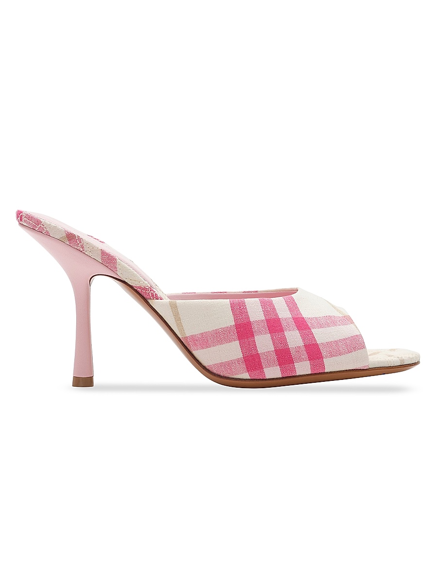 Women's 90MM Check Linen Mules - Aubergine