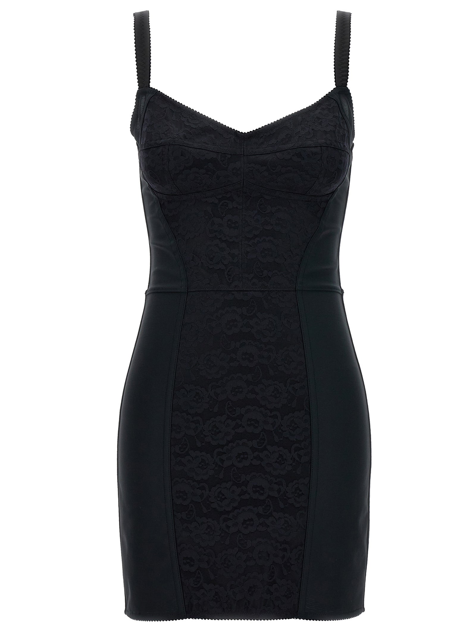 Lace and Technical Fabric Corsetry Dress — Black