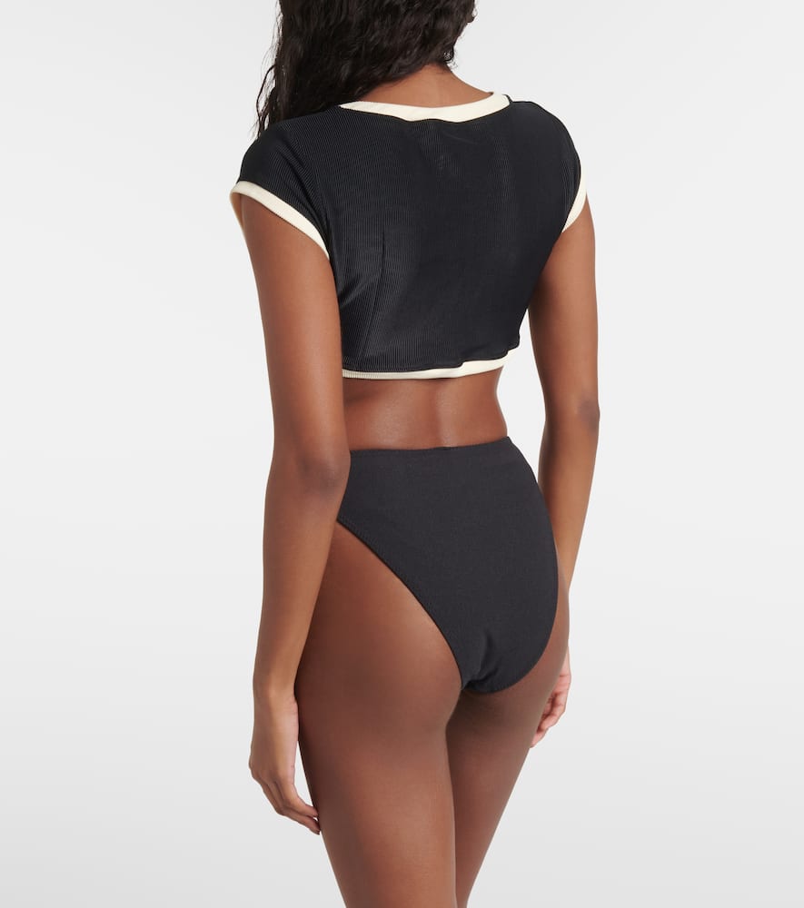 Floral-appliqué high-rise bikini bottoms