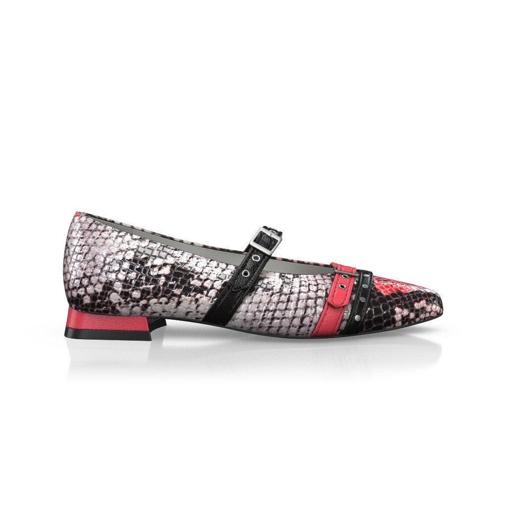 Ballerines pointues Chaussures plates Femme Faites main en Italie en Cuir Rouge & Gris Imprimé animal - Sur Mesure, Petit, Boucles, Boucle