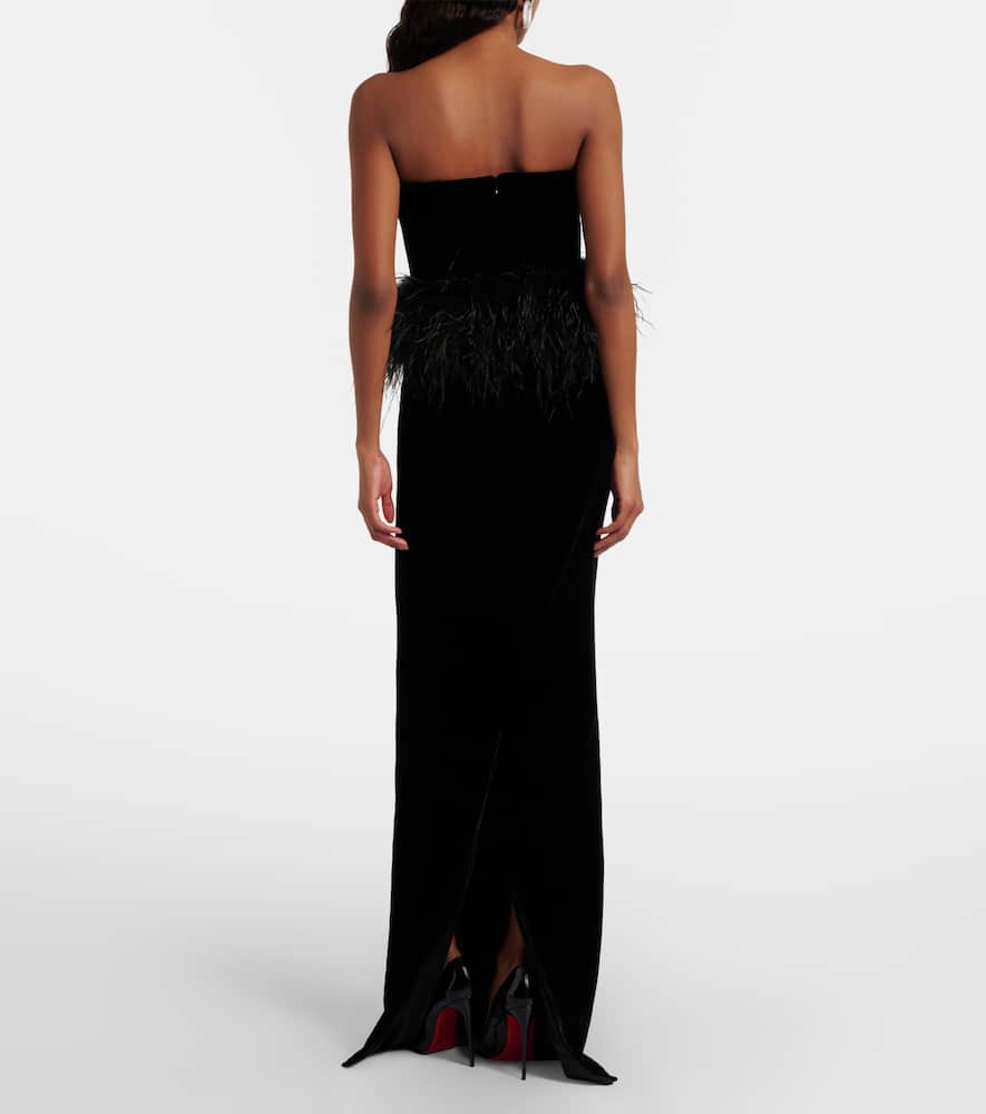 Feather-trimmed strapless velvet gown