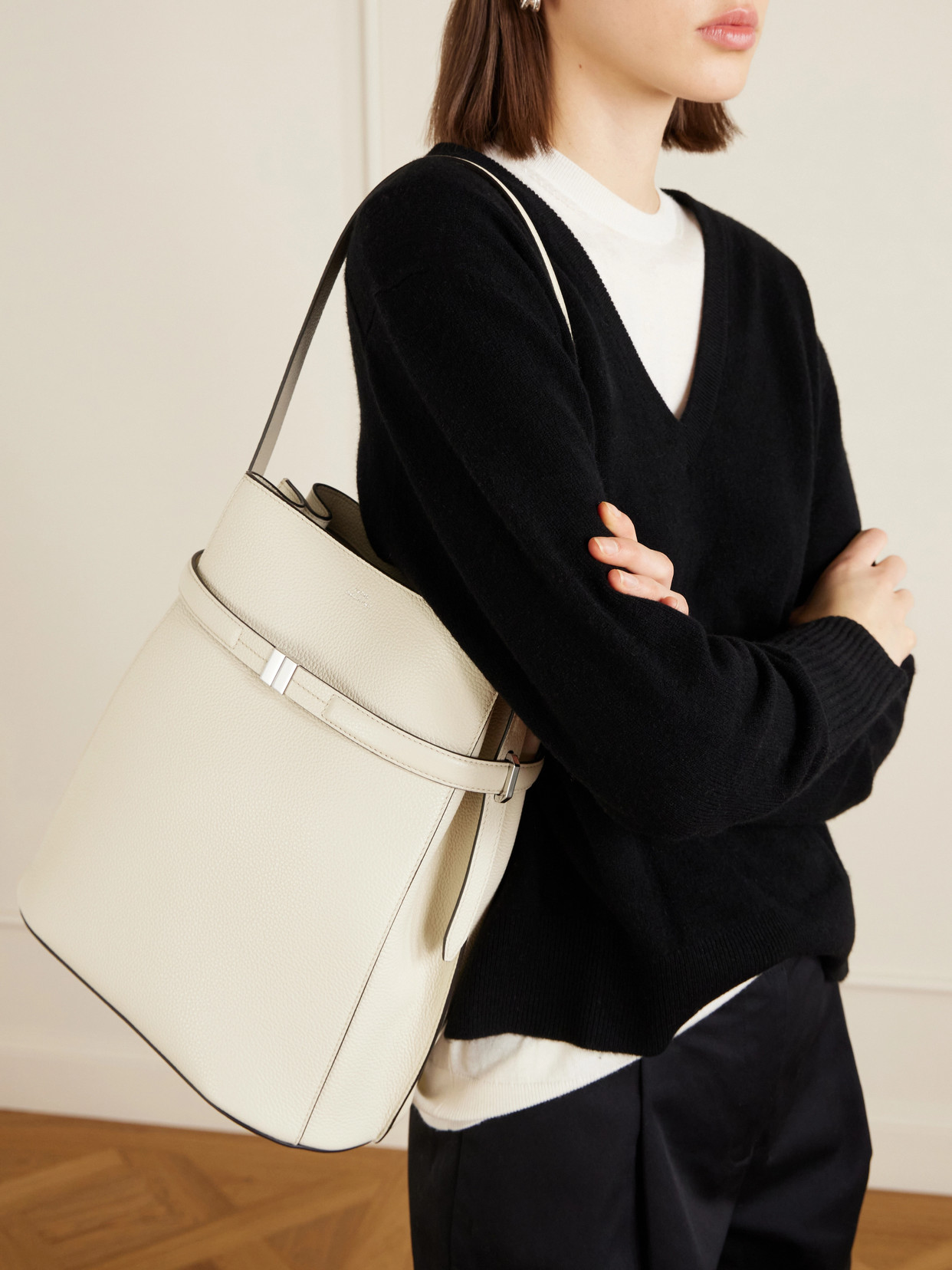 Belted Textured-leather Tote - Off-white