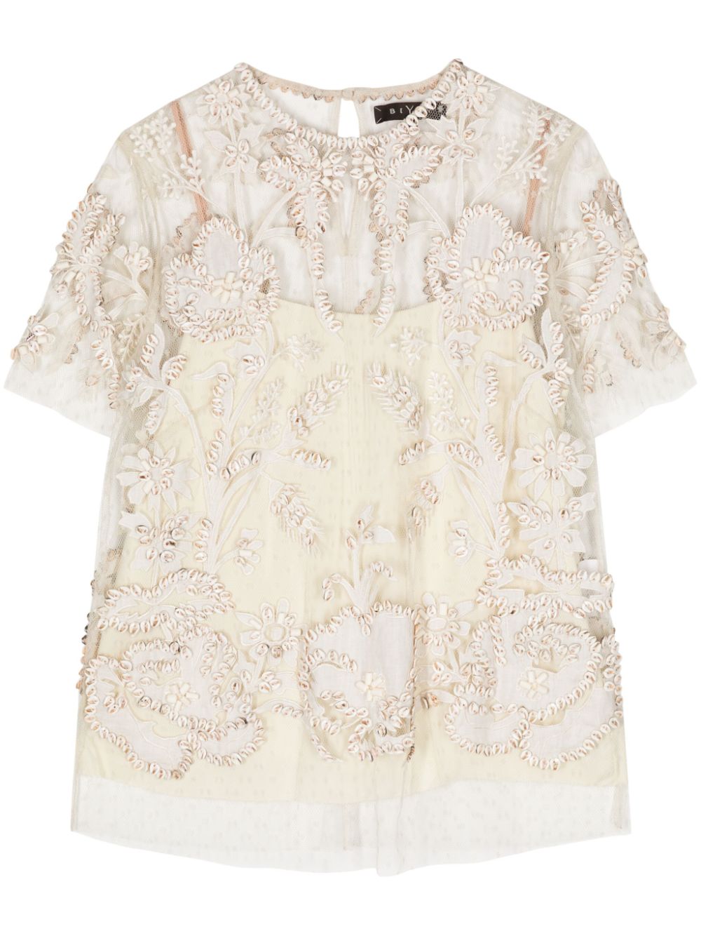 Conch-embroidered sheer blouse - Neutrals