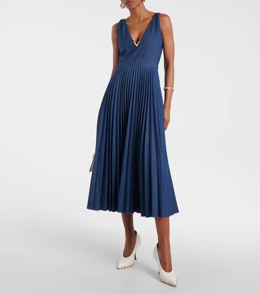 VGold plissé denim midi dress