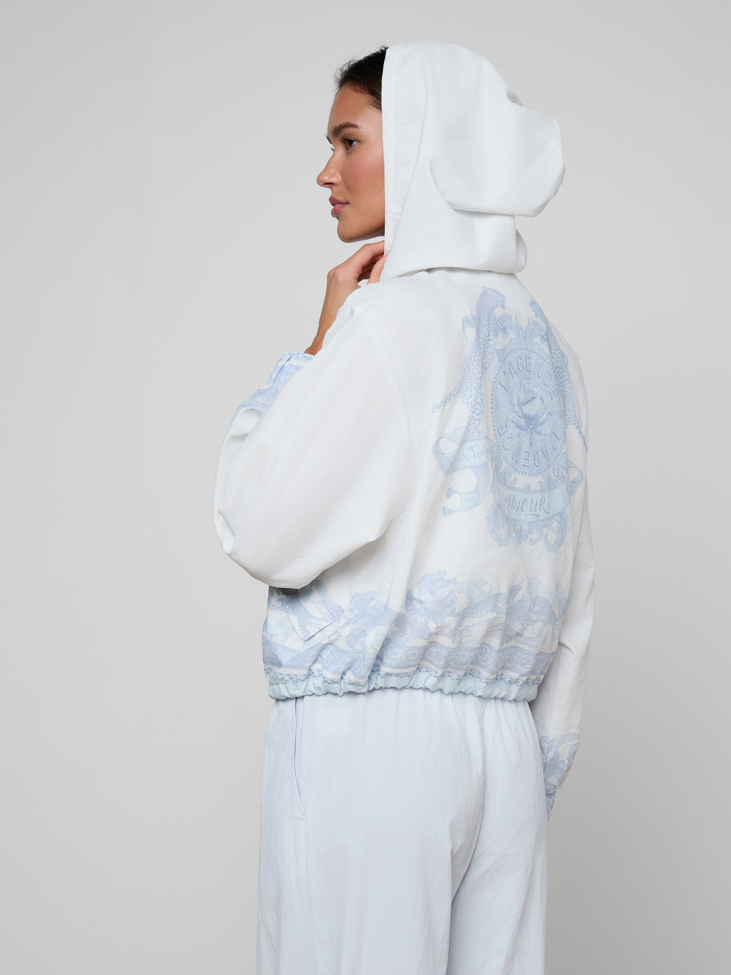 Miro Hooded Windbreaker In Pale Mist Blue Multi Leopard Scarf