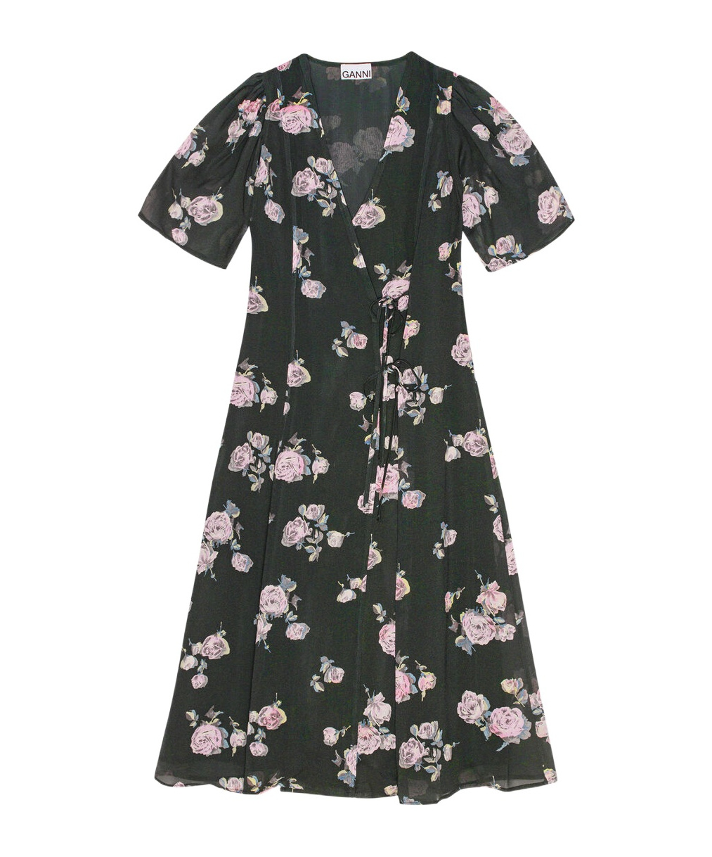 Black Floral Crepe Wrap Midi Dress
