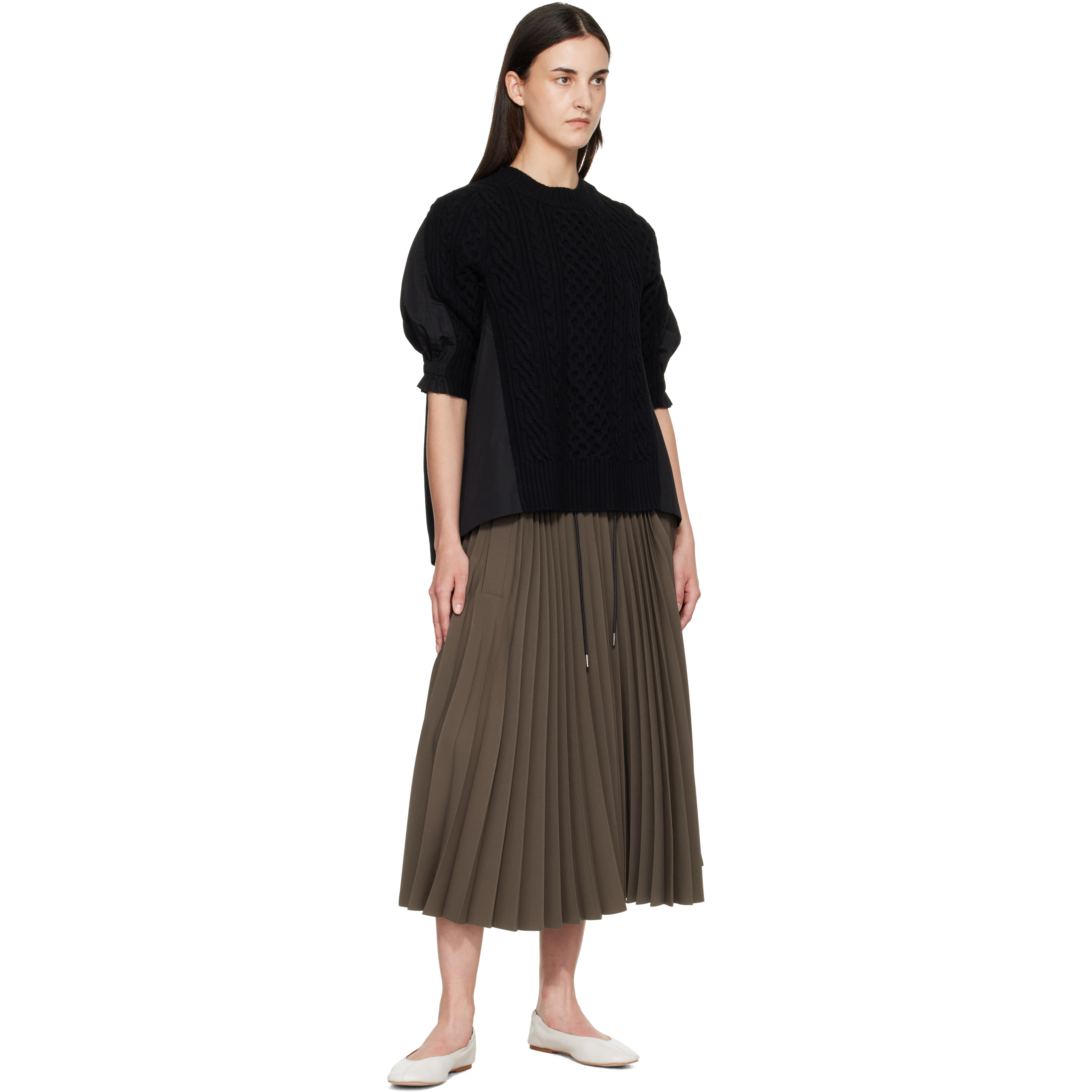 Black Wool Knit x Cotton Poplin Pullover Sweater