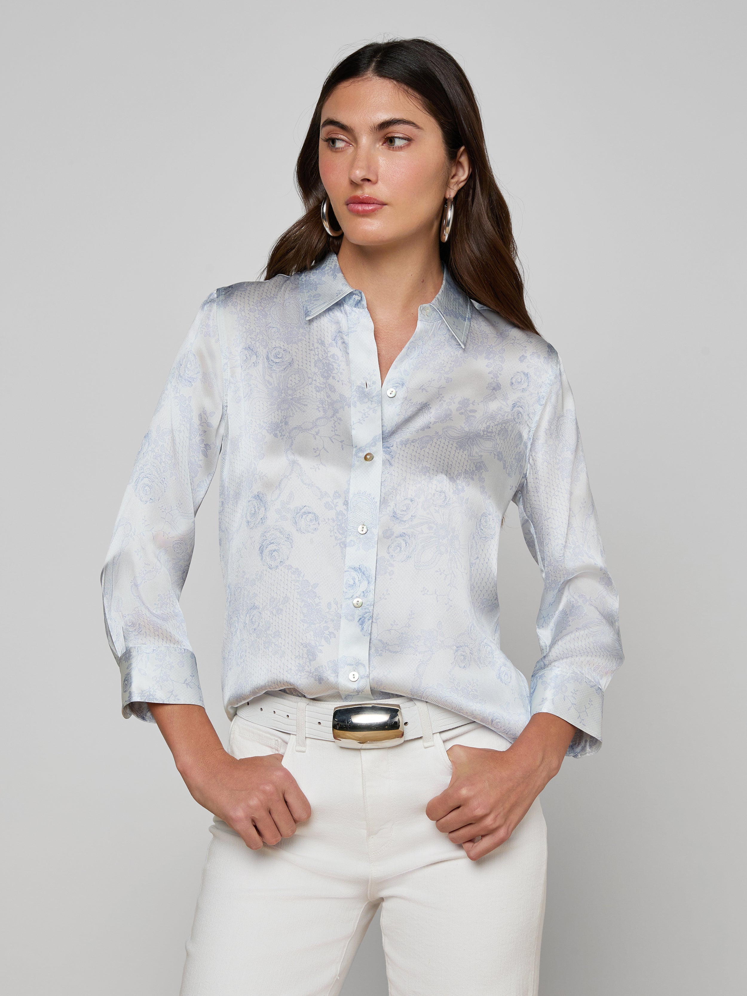 Dani Silk Blouse Top In Ivory/pale Mist Blue Lace Print