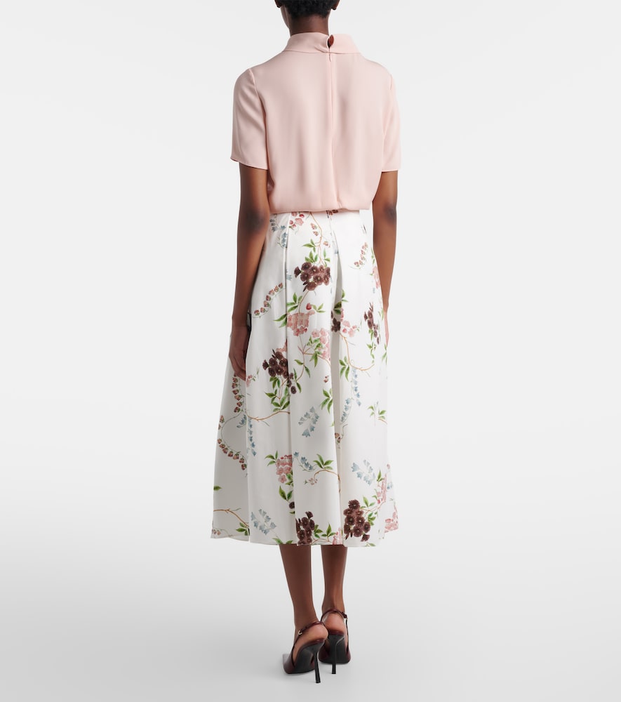 Floral pleated cotton poplin midi skirt