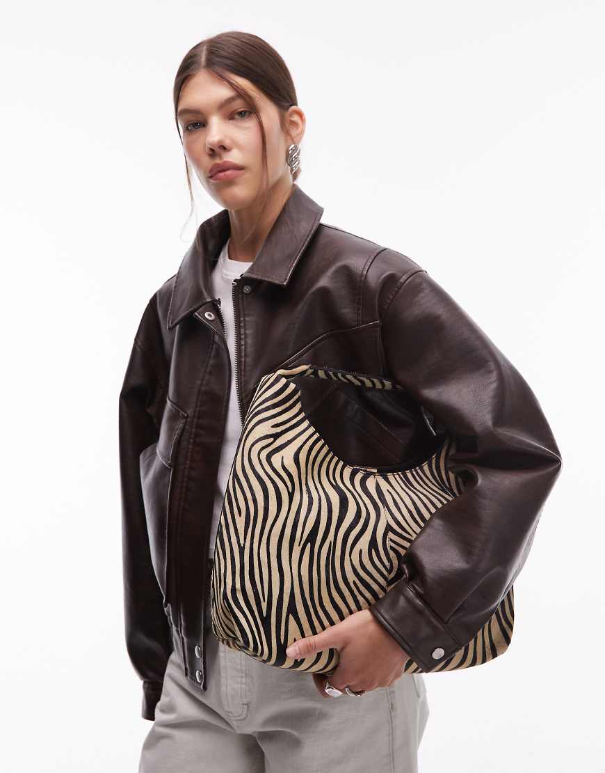 & small leather tote bag in cow hair zebra print-Multi