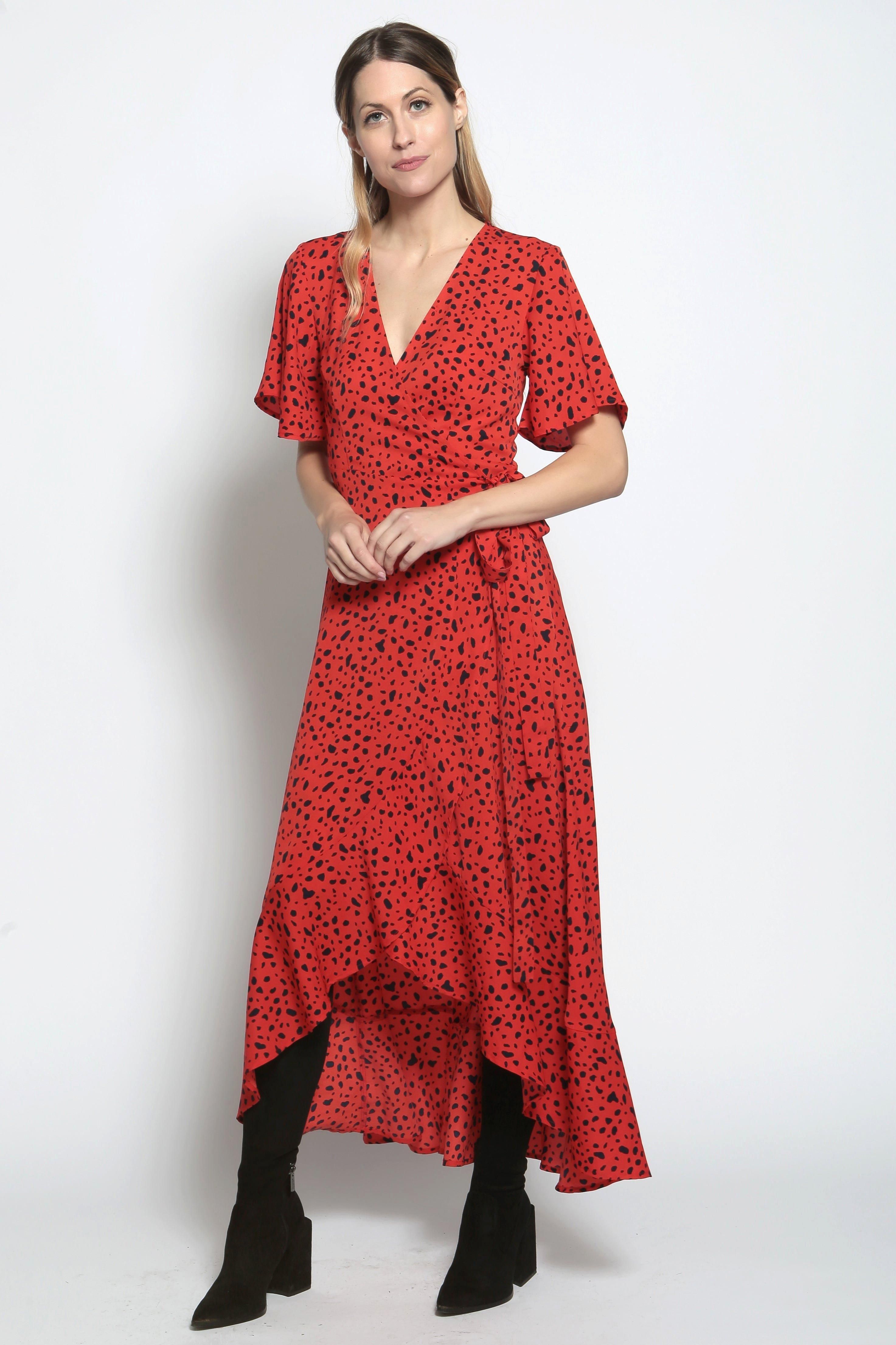 Cutie London Women's Animal Print Frill Hemmed Wrap Dress in Black