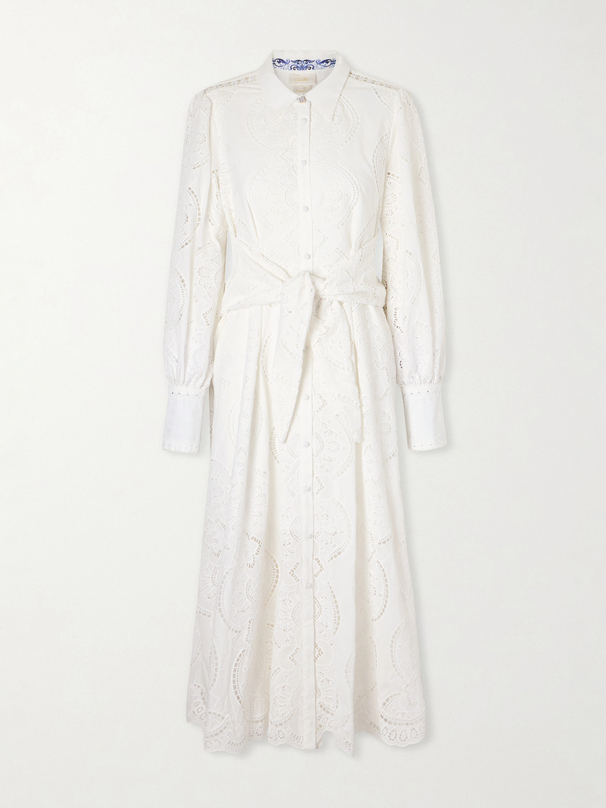 Tie-detailed Broderie Anglaise Cotton Midi Shirt Dress - White